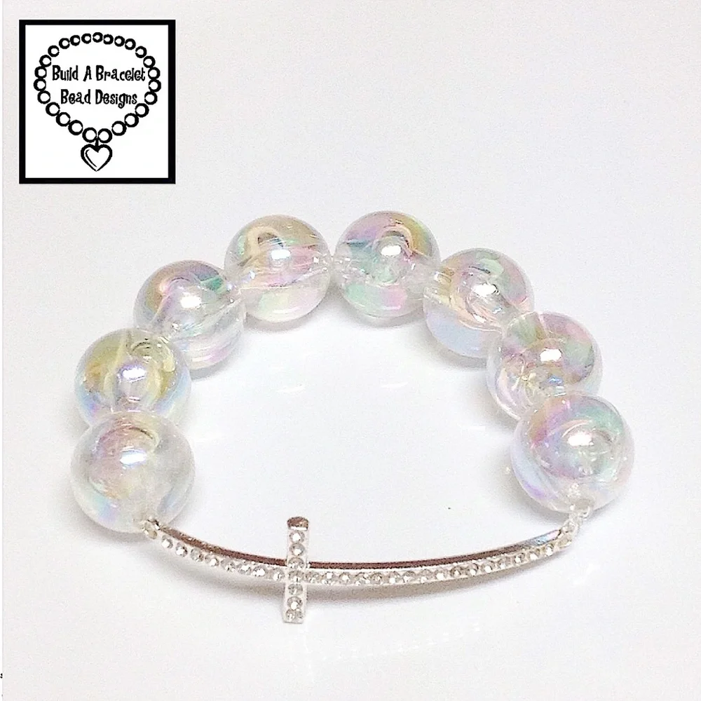 Handmade First Communion Girl Bracelet Rhinestone Cross Aurora Borealis Gift
